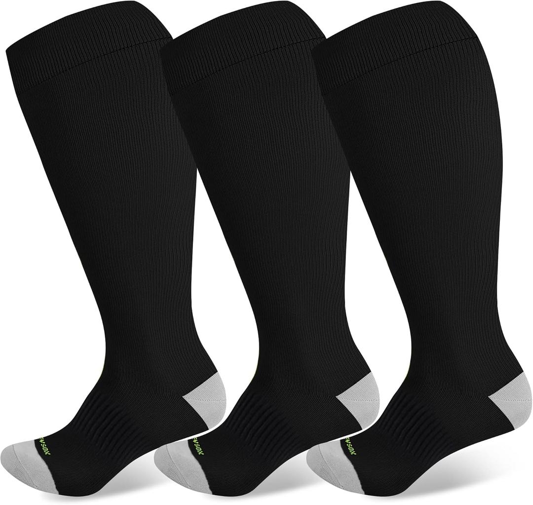 LEVSOX Plus Size Compression Socks Wide Calf Men&Women 20-30 mmhg Knee High Support Socks for Medical, Nurse, Diabetic (Large, 3 Pair-black)