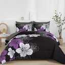Luxudecor Floral Comforter Set Queen Size, 7 Pieces Bed in a Bag Purple Floral Comforter and Sheet Set, Soft Microfiber Complete Bedding Sets for All Seasons