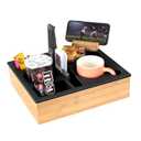 Couch Cup Holder Tray, Hitseon Silicone Bamboo Couch Caddy with Rotatable Phone Holder for Bed Car Seat Organizer, Waterproof Anti-Spill Couch Drink Holder for Snacks Beverage Remote (Black)