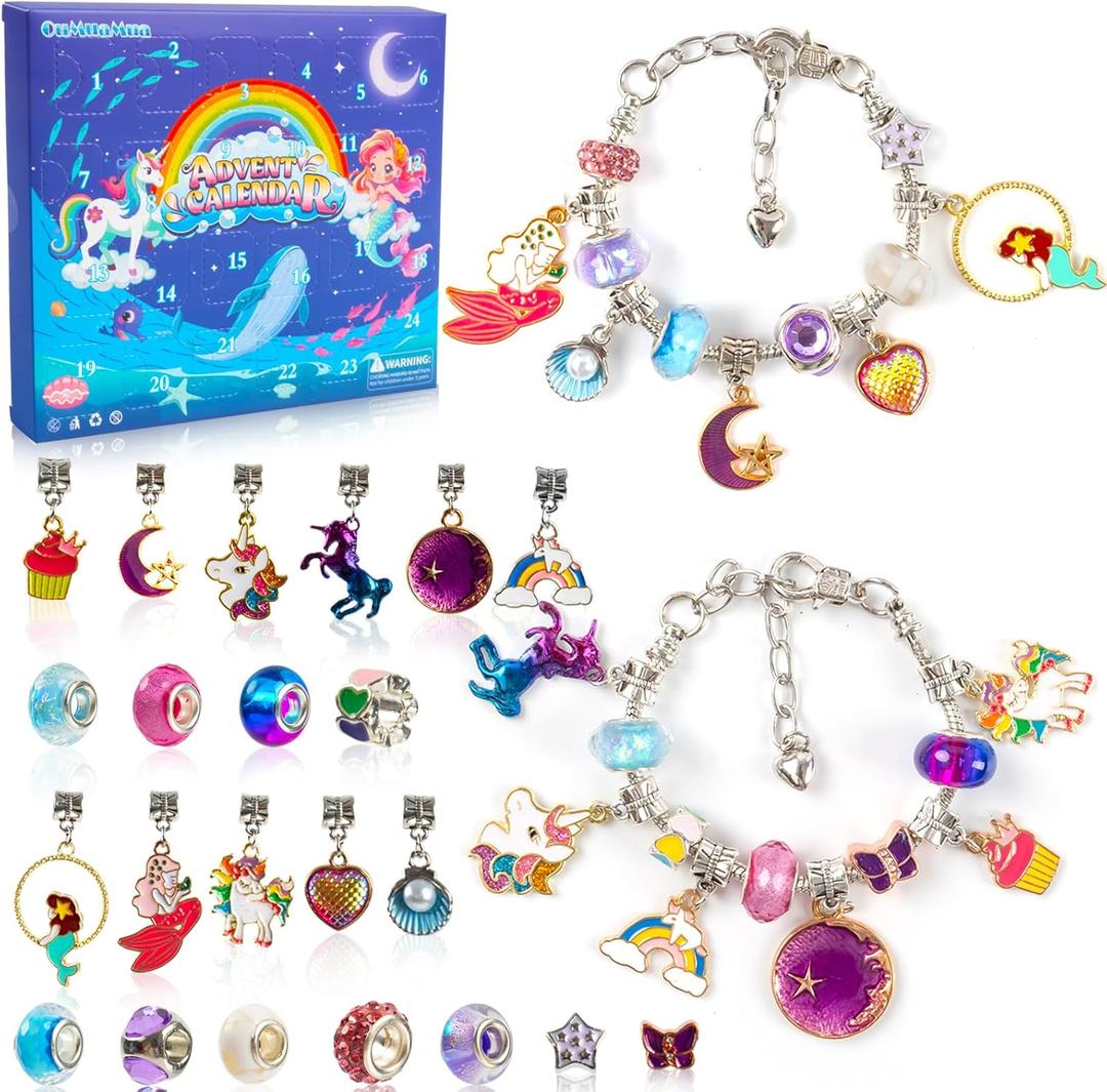 OuMuaMua Advent Calendar Charm Bracelets 2025 for Girls, 24 Days Christmas Countdown Calendar with Mermaid Unicorn 2pcs DIY Charm Bracelets Jewelry Kit Xmas Gift for Adults Women