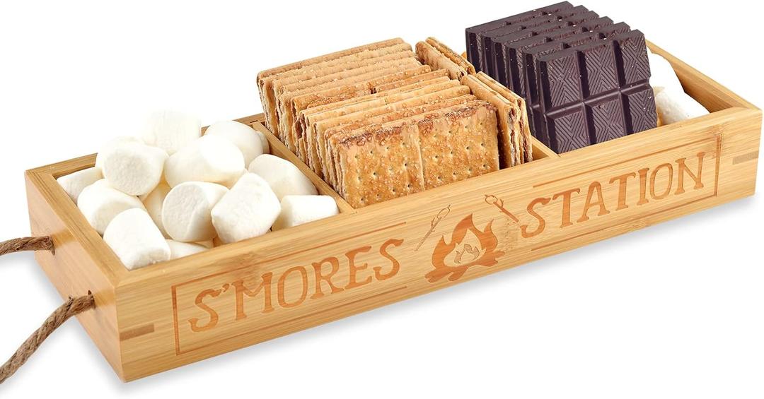 WANGDEFA S'mores Station Box Smores Caddy Smores Tray Smores Basket for Fire Pit S'mores Bar Holder Wooden Organizer Box for Serving Snacks Camping BBQ Accessories Displaying Utensils