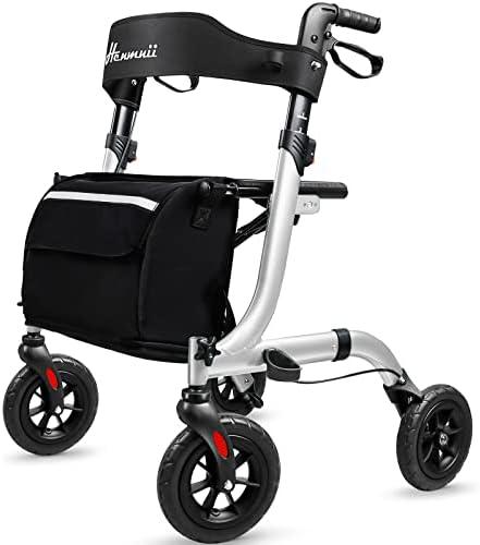 Henmnii Rollator Walker for Seniors, Lightweight Foldable All Terrain Rolling Walker with seat, Aluminum Walkers with 8 inch Rubber Wheels, Handles and Backrest for Seniors and Adult
