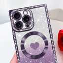 Bonoma Magnetic Glitter for iPhone 16 Pro [Compatible with MagSafe], Luxury Love Heart Pattern Plating Bling Rectangular Case,Camera Protection Sparkly Soft Back Cover for Women Girls-Purple