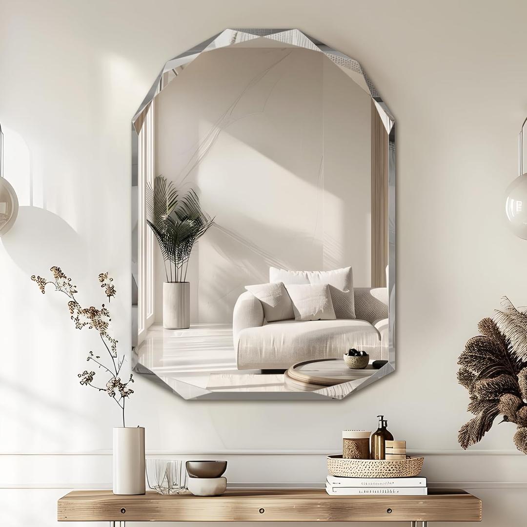 Bathroom Mirror for Wall, 30" x 40" Arched Mirror, Bathroom Vanity Mirrors, Beveled Edge Frameless Wall Mount Vanity Mirror, Wall Mirror Decorative, Irregular Beveled Edge Mirror (Nature)