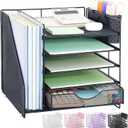 Desk Organizer with Drawer and Pen Holder, 5-Tier Paper Letter Tray Organizer with File Holder, Suitable for Workspace Organizer Office Supplies Storage (Black)
