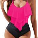 Edelqual Women's One Piece Swimsuits Tummy Control Ruffle Full Coverage Swimming Bathing Suit Slimming Modest Ruched Swimwear High Waisted Tankini (Hot Pink & Black, 2XL)