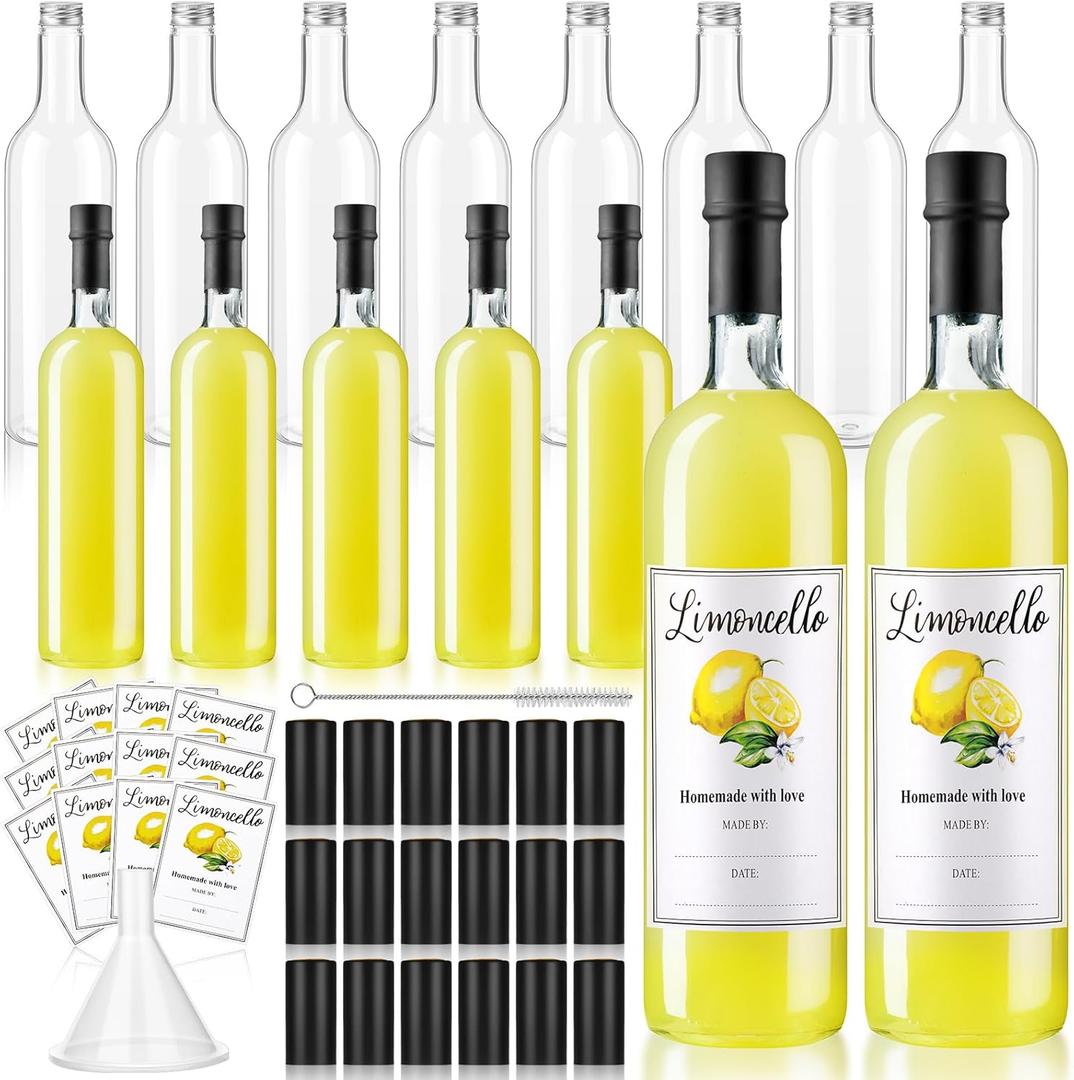 Maxcheck 12 Pcs 25 oz Limoncello Plastic Wine Bottles with Labels Stickers Airtight 750ml Empty Clear Liquor Bottles with Lid for Homemade Extracting Liqueur Suitable for Gift Giving