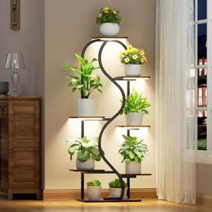 Plant Stand Indoor with Grow Lights - 48" Tall Plant Shelf Indoor, 7 Tiered Corner Plant Stands for Indoor Plants, Lighted S-Shaped Flower Holder Stand, Display Rack for Living Room, BalconyBlack)