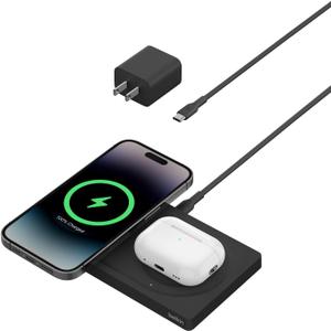 Belkin 2-in-1 Wireless Charging Pad with MagSafe 15W, Fast Charging iPhone Charger - Wireless Charging Station for iPhone 17, 16, 15, and 14 Series, AirPods, and Other MagSafe Enabled Devices - Black