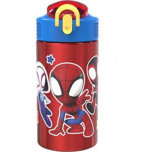 Zak Designs Marvel Spider-Man 18/8 Single Wall Stainless Steel Kids Water Bottle, Flip Straw Locking Spout Cover, Durable Cup for Sports or Travel (15.5oz, Non-BPA, Spidey and His Amazing Friends)