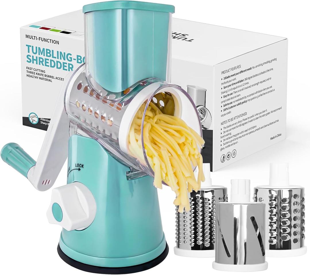 X Home Rotary Cheese Grater for Kitchen, Shredder with 3 Interchangeable Blades, Rotary Grater with Handle and Strong Suction Base, for Vegetables, Fruit, Nuts, Easy to Use and Clean, Blue