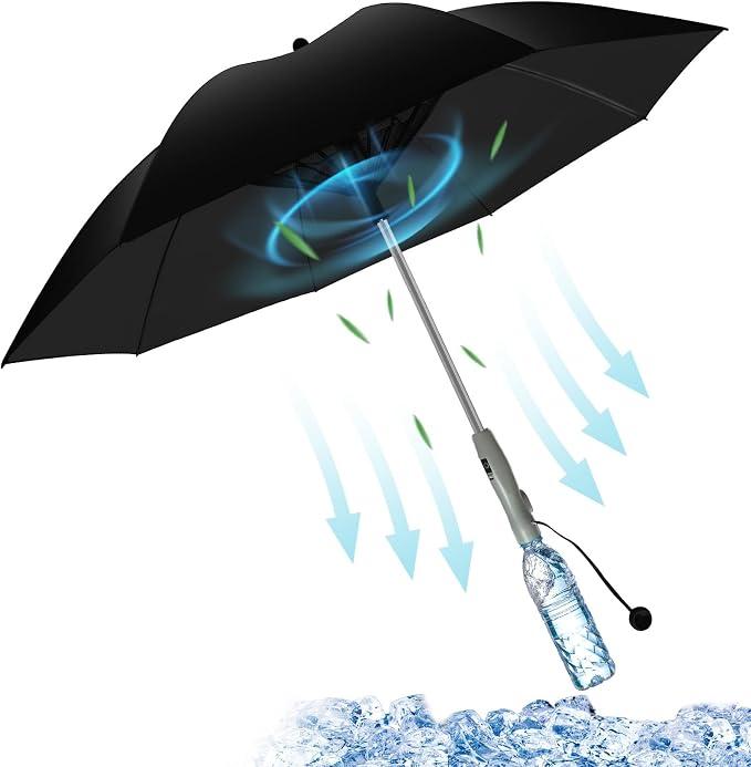 3 in 1 Umbrella with Fan and Mist Spray, 2-Speed Rechargeable Cooling Umbrella with Built-in Fan Mister, Includes Custom Water Bottle, Portable Misting Sun Shade for Theme Park, Beach (Black)