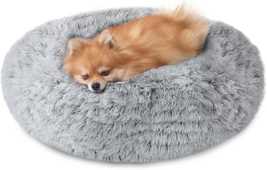 JOLLYVOGUE Small Dog & Cat Beds for Indoor Cats, Donut Cuddler Warming Soft Dog Beds with Anti-Slip Bottom, Round Calming Fluffy Plush Faux Fur Cushion Bed for Small Dogs (20", Smoke Grey)