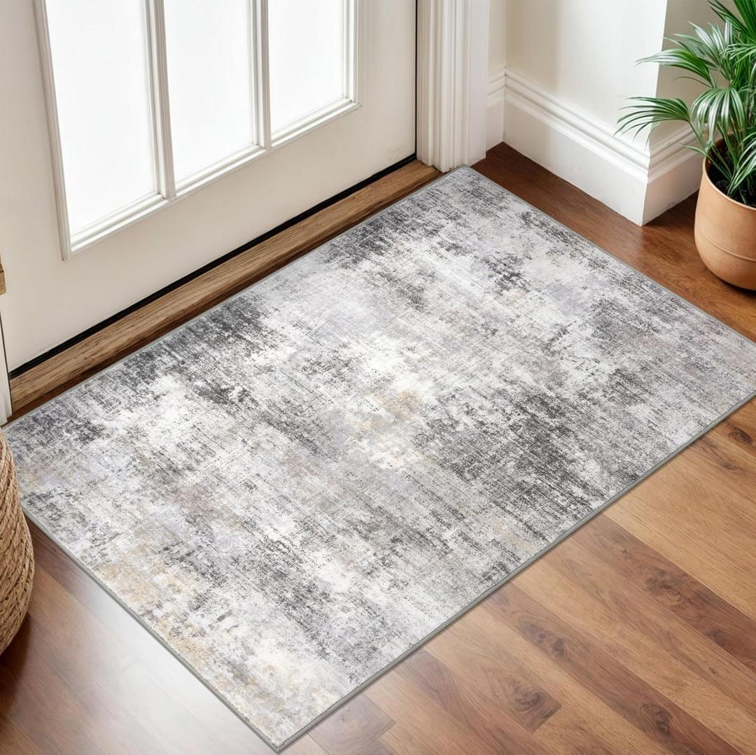 IOHOUZE Small Abstract Area Rug 2x3 Ft Entryway Rugs Washable Door Mat Indoor Entrance, Rubber Backed Throw Rugs, Printed Faux Wool Non Slip Floor Carpet for Foyer Front Door Sink, Grey Beige