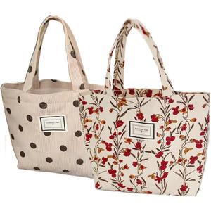 2PCS Corduroy Small Tote Bag for Women Cute Floral Mini Tote Bag Preppy Aesthetic Reusable Bags for Grocery, Essentials, Water Bottle, Keys (Red Rose)