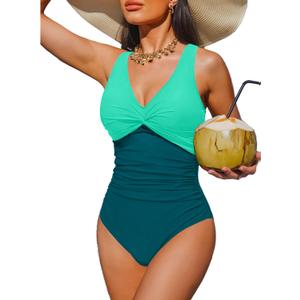Holipick Women Tummy Control One Piece Swimsuit - Push Up Bathing Suit Full Coverage Slimming Swimwear (Medium, Green Color Block)
