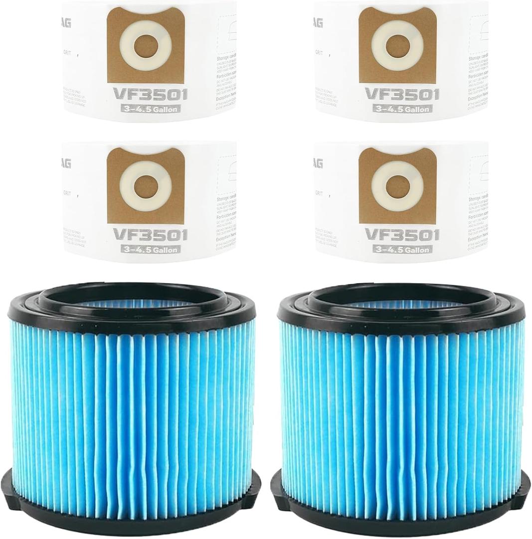2 Pack VF3500 Filter Replacement compatible with Riged Shop Vac, 3-LAYER Wet/Dry Filter + 4 Pack VF3501 Vacuum Bags, compatible with Riged Shop Vac 3-4.5 Gallon WD4070