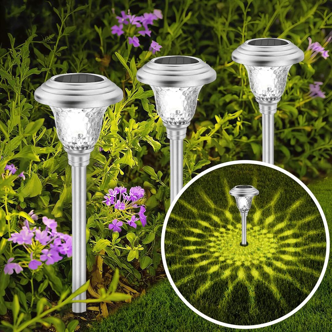 BEAU JARDIN 8 Pack Solar Pathway Lights Outdoor Stainless Steel Lights Solar Powered Waterproof Glass High Lumen Garden Landscape Path Yard Walkway Driveway Outside Color Changing Cool White Silver