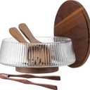 Extra Large Glass Salad Bowl Set, 4.8Qt Mixing Bowl with Acacia Wood Lid, Base and Salad Serving Utensils, Ribbed Serving Bowl Trifle Bowl, Practical Salad Bowls for Kitchen, Parties,Christmas