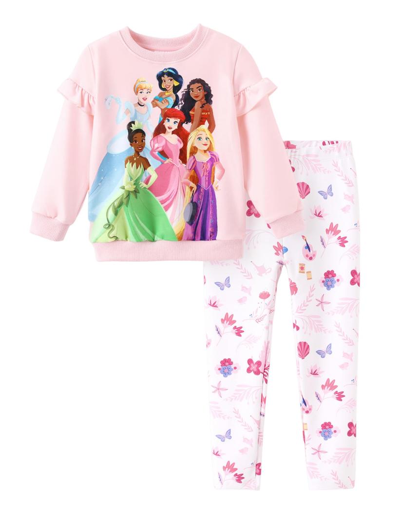 Disney Princess Girls Outfit ：Ruffle Long Sleeve Sweatshirt and Print Leggings Cute Cartoon Pullover and Pants Set for Fall Toddlers 2 Piece Girls Clothes for Back to School Gift Light Pink 5-6T