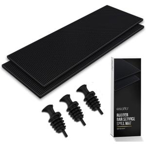 Esatto 23.375 x 7.75 Double Width Professional Spill Bar Supply Mat Bartender Non-Slip Black Bar Mat Coffee Drinks Mixing Pad for Bars, Home, Kitchen, Restaurants (2 Pack, Black) Includes 3 Pourers