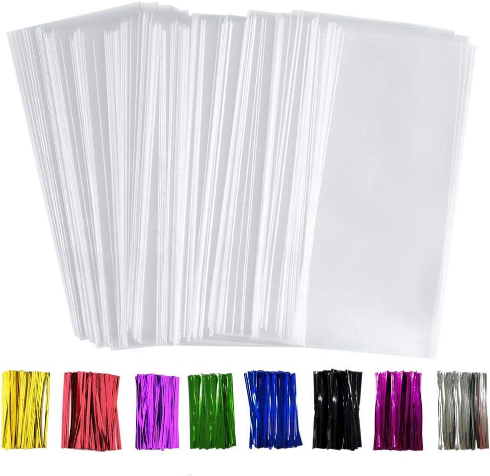 300 Pack 4" x 9" Clear Cellophane Treat Bags Plastic OPP Bags with Bottom Gusset 1.4 mils Thickness Multi-purpose Coming With 300 Colorful Twist Ties(Clear)