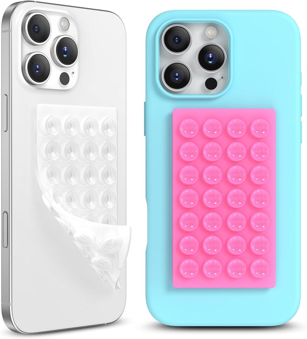 3 x 2 Pack Silicone Suction Cup Phone Case Mount Double-Sided, Hands-Free Strong Grip Holder for iPhone and Android, Sticky Phone Stand for Selfies and Videos, Neon Pink+Transparent