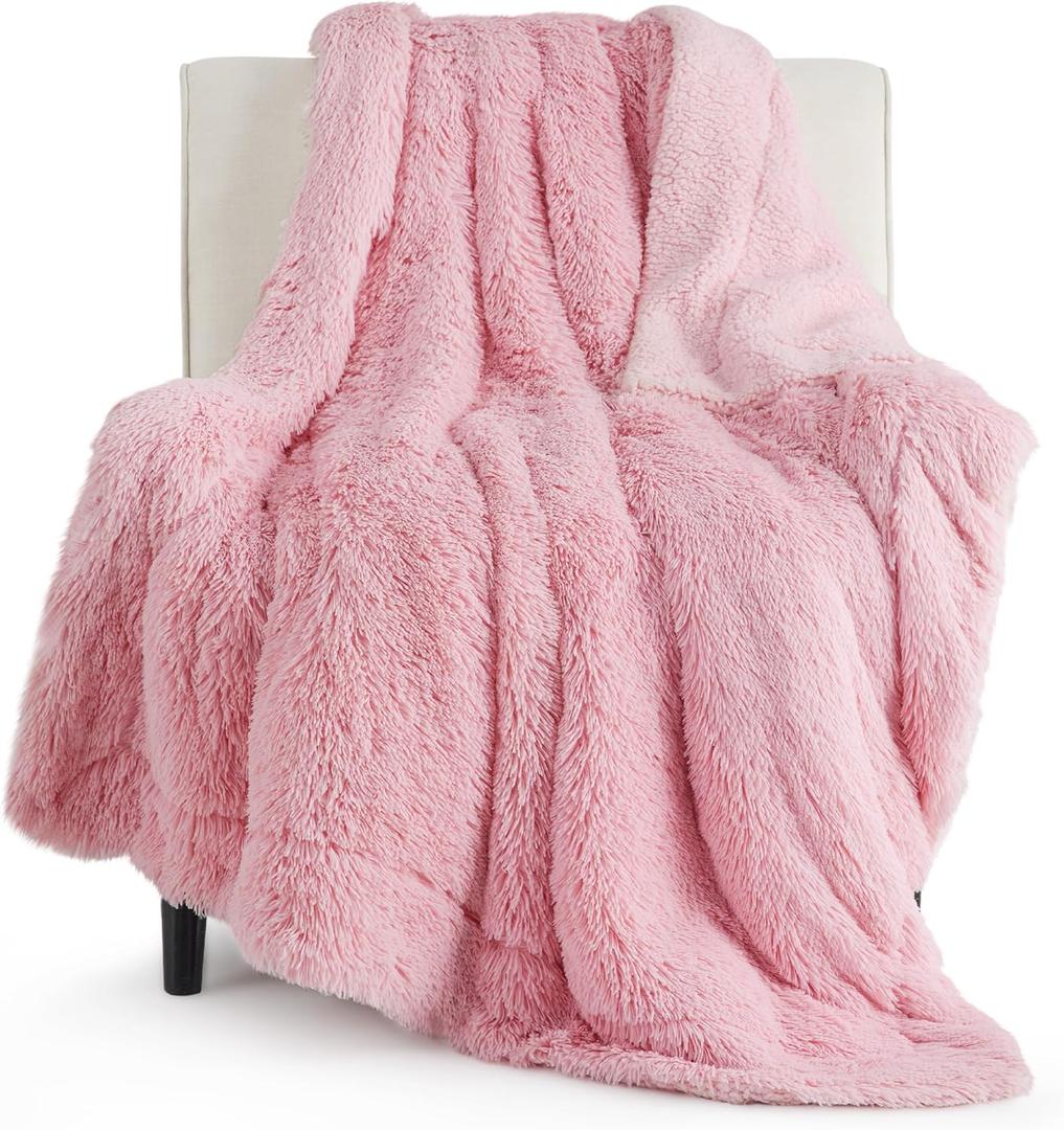 Bedsure GentleSoft Fuzzy Sherpa Faux Fur Twin Blanket Pink Cozy Gifts for Women Men, Soft Fleece Plush Warm Minky Thick Blanket Twin Size for Bed, Couch, Room Dorm Essentials Pink Decor Gifts, 60x80