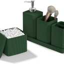 Dark Green Bathroom Accessories Set 5 Pieces, Resin Toothbrush Holders Set Complete with Soap Dispenser, Toothbrush Holder, Vanity Tray, Bathroom Tumbler and Qtip Holder for Small Spaces