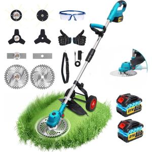 20000RPM Electric Weed Wacker with Wheels,Electric Weed Eater Battery Powered,Grass Trimmers Cordless,Cordless String Trimmer with Battery and Charger(Blue)