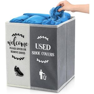 Shoe Cover Box Dispenser Foldable Storage Bin Holder with Used Shoe Covers and Welcome Please or Remove Sign for Open House Supplies(Beige, Gray)