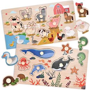 Wooden Peg Puzzles for Toddlers 1-3, 2 Pcs Montessori Educational Learning Puzzle Toy Sets - Animal & Sea Themes Puzzles, Great Preschool Gifts for Girls and Boys (6.29 * 11.61in) (Regular)