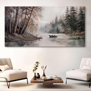 HGUAOA Mountain Canvas Wall Art Rustic Lake Landscape - Nature & Forest Scenery Paintings Pictures for Living Room & Bedroom Wall Decor Vintage Artwork for Walls (40L" x 20W")