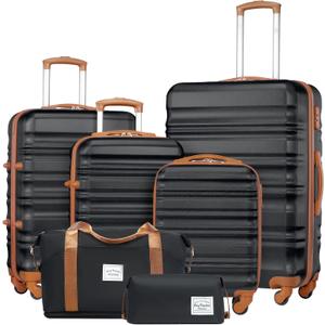 LONG VACATION 6 Piece Luggage Set Carry on Suitcase with ABS+PC hardshell, Spinner Wheels & YKK Zipper TSA Lock (BLACK-BROWN, 6 Piece Set)