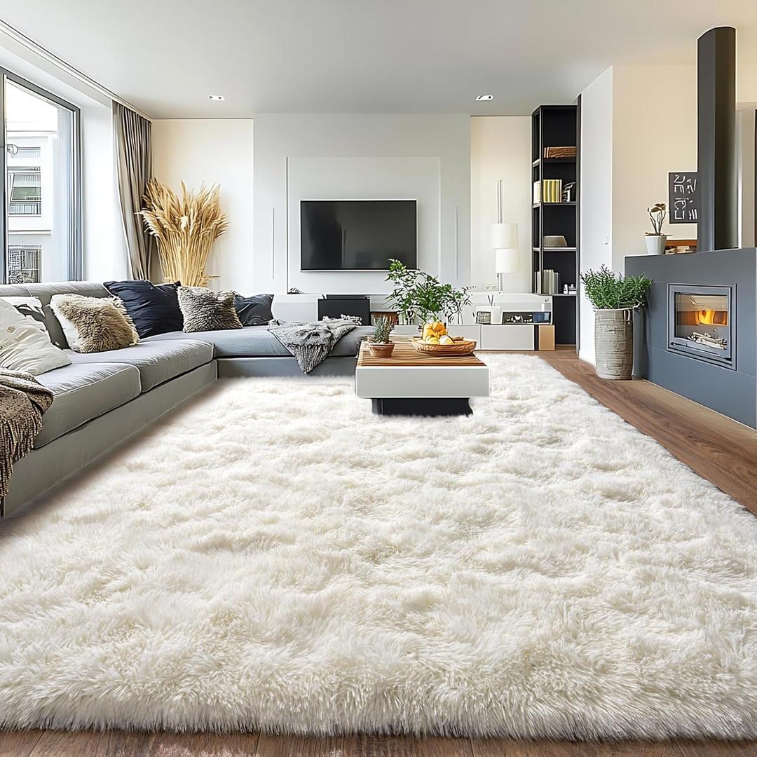 Large Area Rug for Living Room 10x14, Fuzzy Modern Shag Rug, Fluffy Plush Non Slip Soft Furry Carpet for Bedroom Kids Room Nursery Teens Dorm Home Decor, Cream White