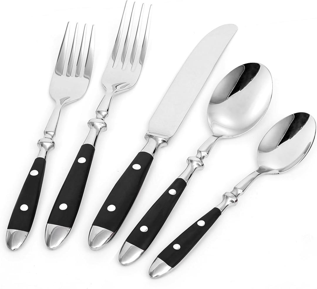 20-piece Silverware Set for 4, Everyday Flatware, Black Handles Utensils Set, Retro Stainless Steel Forks and Spoons, Mirror Finished Utensil Sets for Home Restaurant, Dishwasher Safe Cutlery