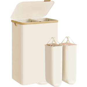 SONGMICS Laundry Hamper, Laundry Sorter with Lid, Storage Basket Bin, Removable Liners, Bamboo Frame, for Bedroom, 2 Sections, 39.6 Gal. (150 L), Cream White ULCB532WD01