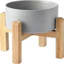 6'' Ceramic Raised Dog Bowl - 30Oz Dog Food & Water Bowl with Elevated Non-Slip Bamboo Stand, Dishwasher & Microwave Safe, Anti Vomiting Heavy Duty Pet Bowl for Small and Medium Dogs, Grey