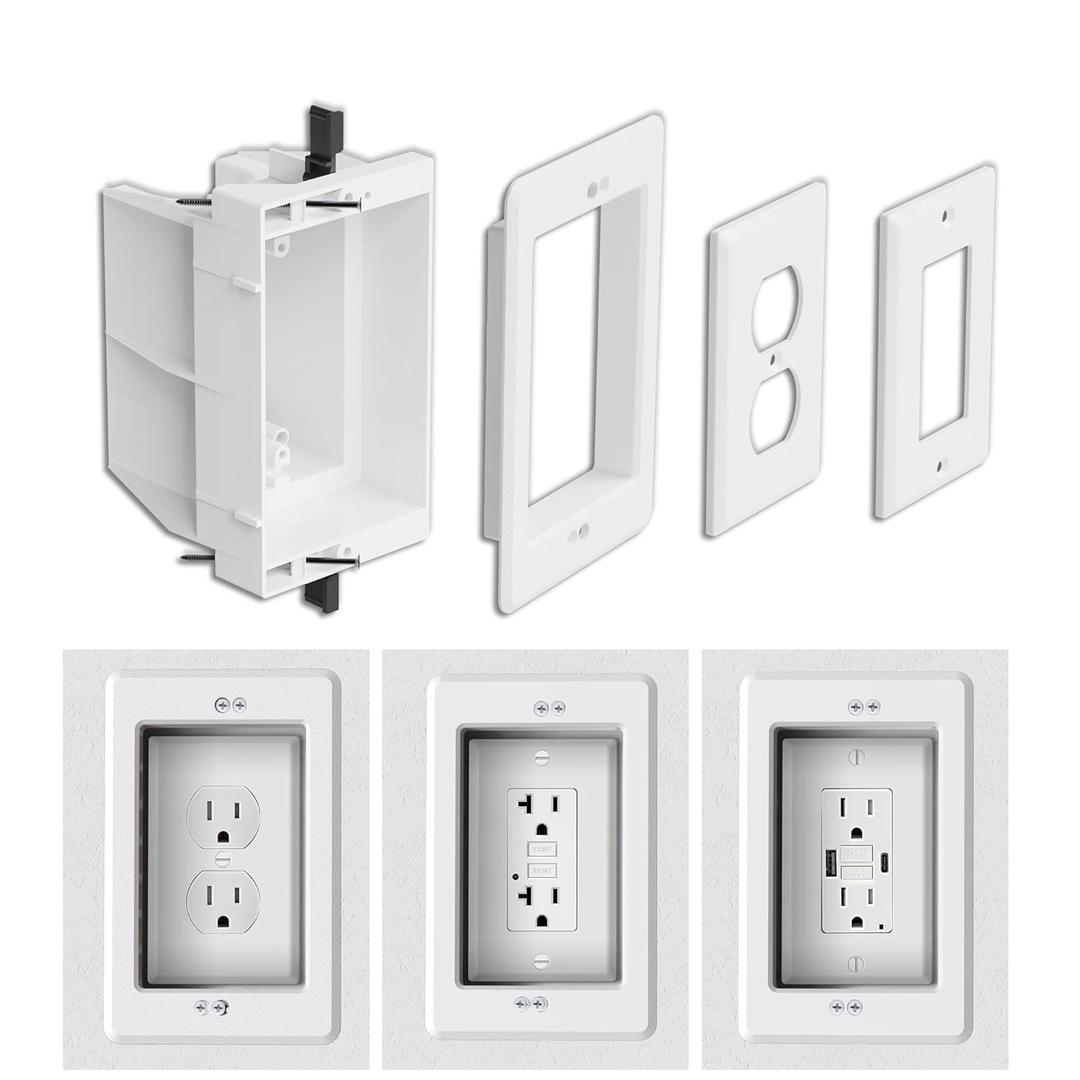 Recessed Outlet Box for Wall Mount TV, Antenna, Phone and Cable TV, Suitable for GFCI and Standard Outlet, for Old or New Construction