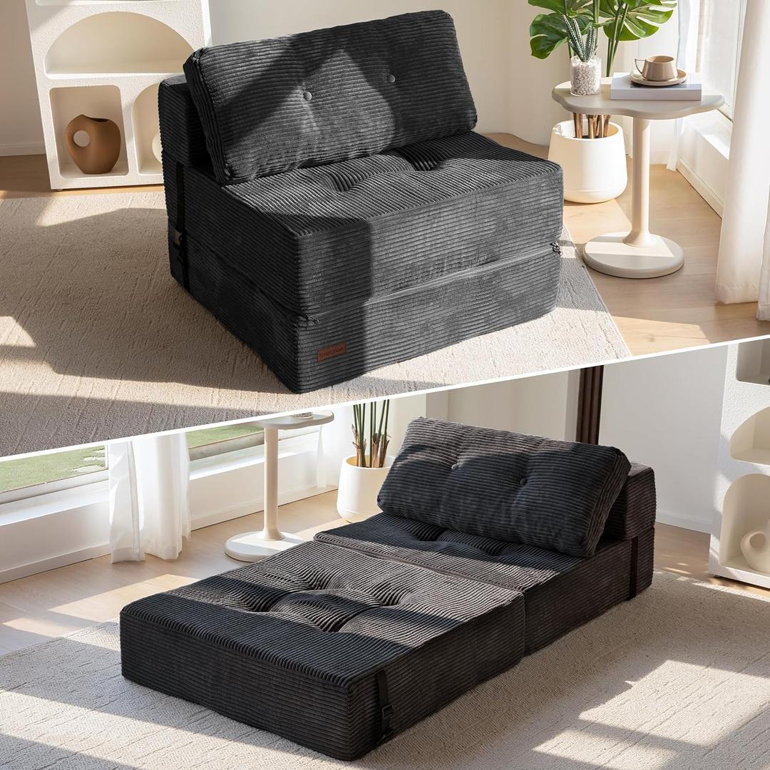 MAXYOYO Folding Sofa Bed, Convertible Sofa Bed with High-Density Support Foam, Portable 4 in 1 Fold Out Chair to Floor Lounger, Versatile Floor Couch for Living Room Bedroom, Black, Large