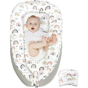 JIFTOK Baby Nests Lounger for Newborn, Snuggle Sleeping Bassinet for 0-24M, Breathable Portable Co Sleeping Bed, Baby Essentials Adjustable Infant Soft Cotton Loungers for Home & Travel -Rainbow Size 90*50cm