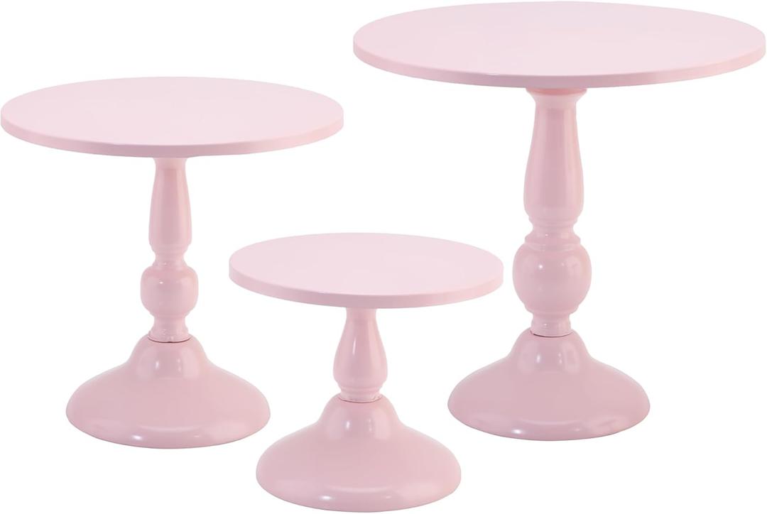Set of 3 Pink Cake Stands, QENUIITEA Metal Round Cake Holder Dessert Pie Pizza Display Stand 8" 10" 12" Serving Tray Decoration for Wedding Celebration Party Birthday Baby Shower