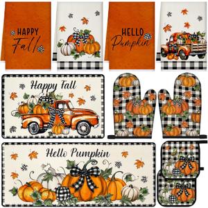 10 Pcs Thanksgiving Kitchen Decor Set Kitchen Towels Pot Holders Oven Mitts and Rugs Set Thanksgiving Decor for Baking Cooking Gift (Modern Color)