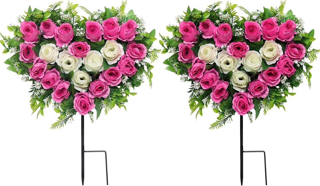 Lodou 2 Sets Artificial Cemetery Flowers, Grave Memorial Flowers with Ground Spike,Heart Shaped Wreaths Rose Flowers for Artificial Rose Decoration for Cemetery Headstones Gravesites (Pink)