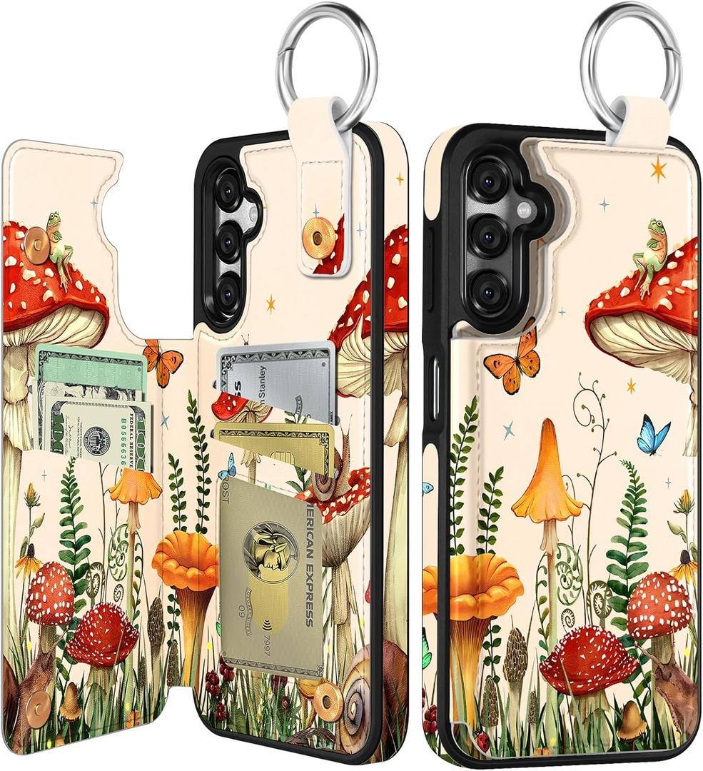 Shorogyt for Samsung Galaxy A15 5G Wallet Case with Card Holder - Designer Mushroom Frog Pattern Kickstand Magnetic Clasp Back Flip Folio Leather Phone Cases for Galaxy A15 5G for Women Men Girls