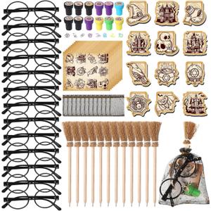 Pasimy 144 Pcs Wizard Party Favors Birthday Decorations with Mini Notebook Black Glasses Pencil Stamp Sticker Gift Bag for Adults Wizard Magical Goody Bag Stuffers Prizes Supplies (Witch Broom)