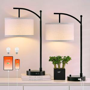 Table Lamp for Living Room Bedroom, 23.5" Table Lamps Set of 2 with USB C+A Ports, Bedside Lamps for Nightstand with Linen Lamp Shades, 2 Dimmable LED Bulbs Included, Black