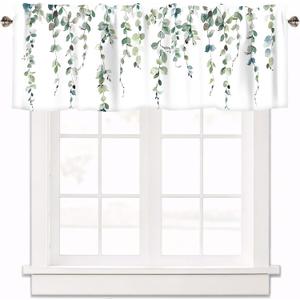 Green Eucalyptus Leaves Curtain Valance for Windows Watercolor Green Rod Pocket Window Treatments 1 Panel Short Curtains for Kitchen Windows Bathroom Bedroom,42 x 12 Inch