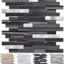 Midcard 10 Sheet Peel and Stick Backsplash Tile, Stick on Tiles for Backsplash Kitchen, Bathroom, Laundry Room, Camper, Fireplace. (20Trapezoidal Black Grey Wood with Metal Silver)