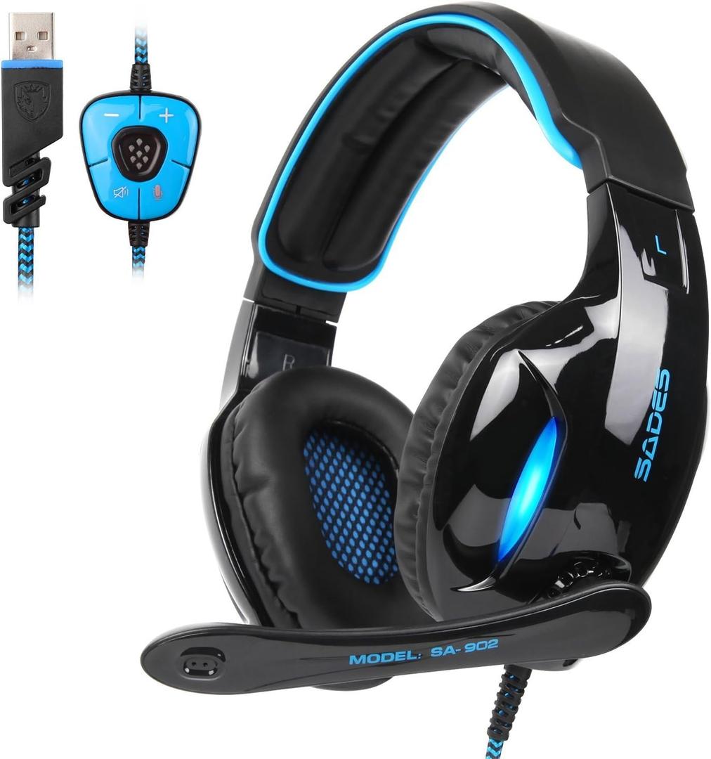 SADES SA902 7.1 USB Surround Sound PC Headsets Over-Ear Gaming Headphones with Microphone LED Light